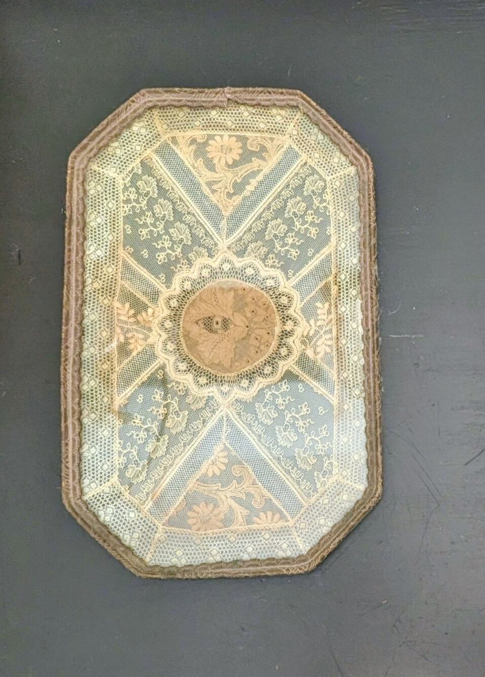 French Normandy Lace Vanity Tray Dresser Tray w/ Braid Trim Glass Perfume Tray